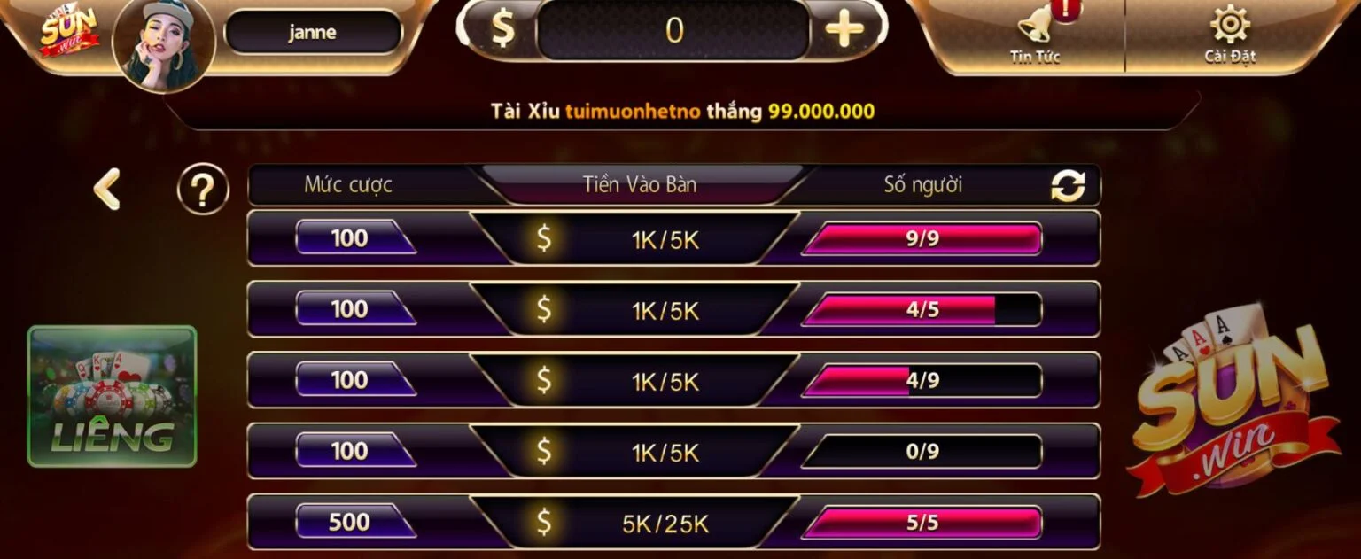 Kham pha cach choi gam bai lieng tai Sunwin 3